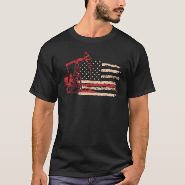 Camiseta Oil Drilling Rig American Flag Roughneck Oilfield  (Anverso)