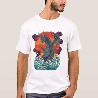 Camiseta Ola gigante puesta de sol retro monstruo japonés