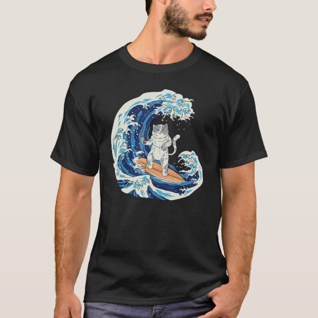 Camiseta Ola Japonesa Gato Surfista Comiendo Sushi 1 (Anverso)