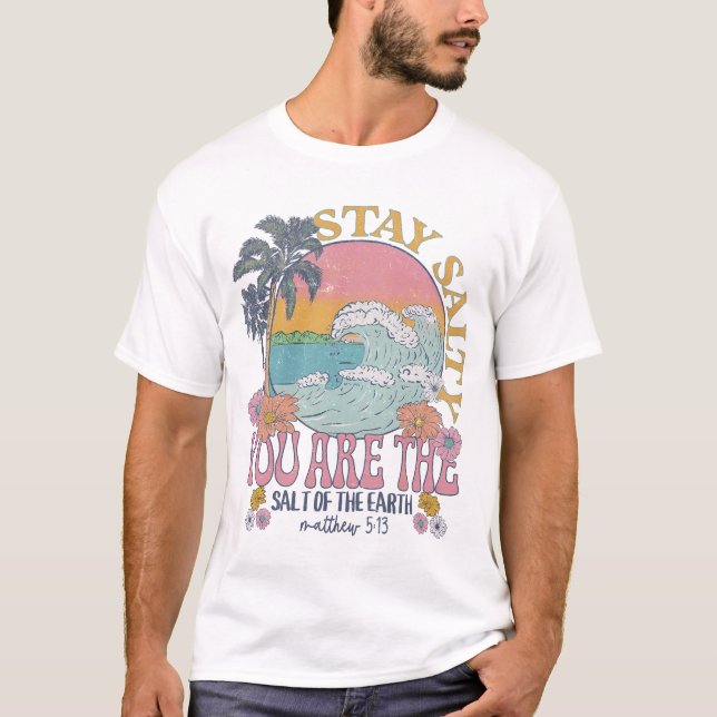 Camiseta Ola Retro Beach, Cita Salty Stay, Tee Cristiano (Anverso)