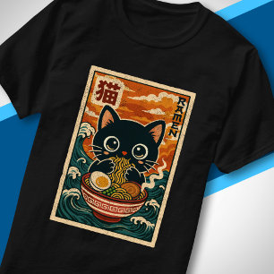 Camiseta Ola Retro Japonesa Gato Negro Adorable Comiendo Ra