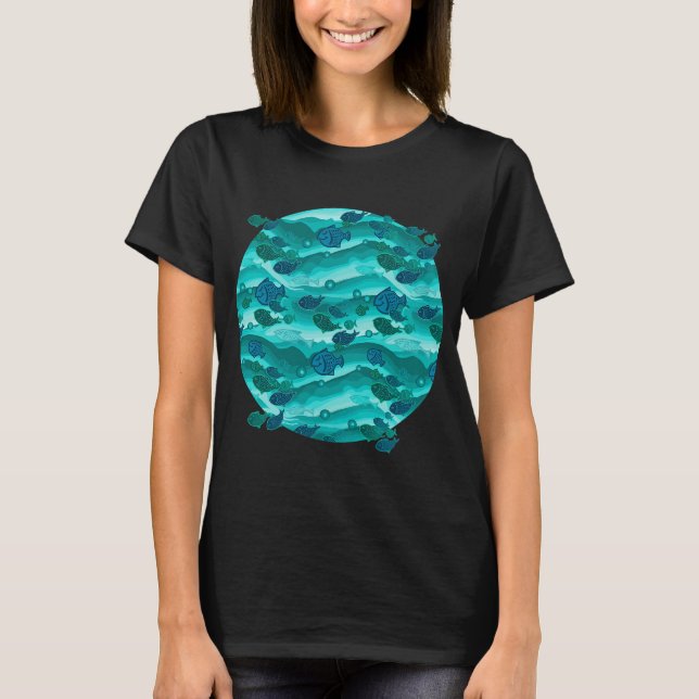 Camiseta Olas de agua azul patrón de peces (Anverso)