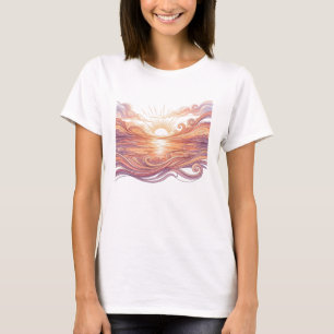 Camiseta Olas de Océano Puesta de Sol Serena Arte de Línea 
