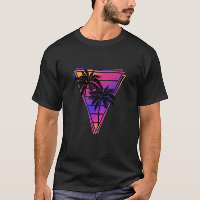 Camiseta Olas de síntesis Vaporwave Triángulo Palmeras Grad (Anverso)