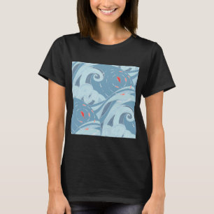 Camiseta Olas del Océano Japonés y Patrón de Peces Rojos