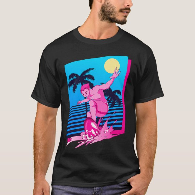 Camiseta Olas Synthwave Puesta de sol Palmeras Surfing Arte (Anverso)