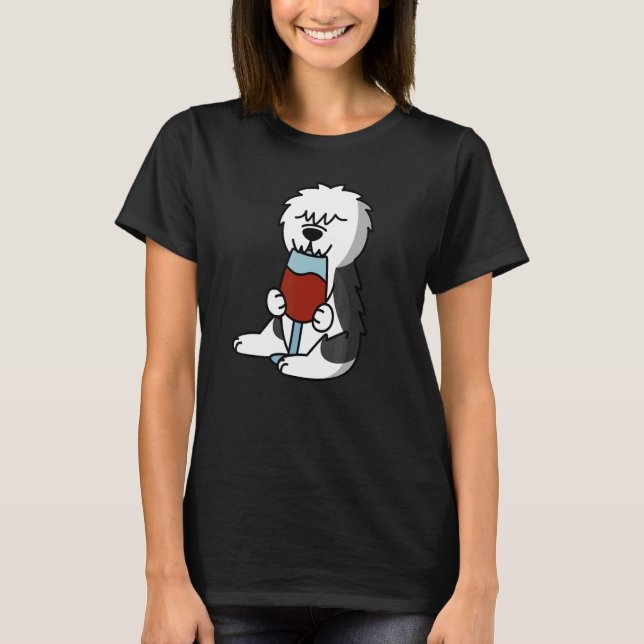 Camiseta Old English Sheepdog Drinking Wine Dog (Anverso)
