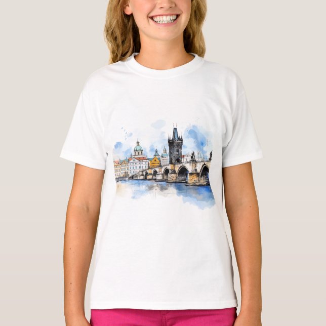 Camiseta Old Prague, Charles bridge watercolor (Anverso)