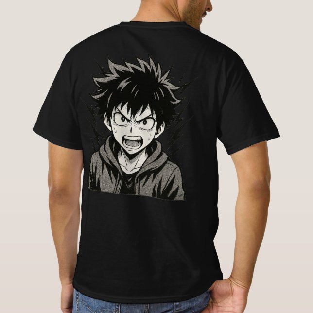 Camiseta Oleada de Poder Anime Enojado – Manga en Negro y B (Reverso)