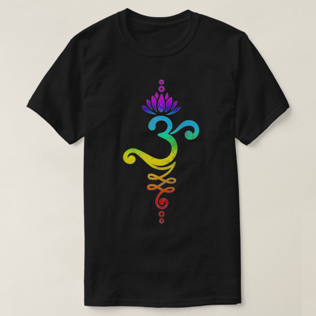 Camiseta Om Mantra, yoga, símbolo, flor de loto, arco iris, (Diseño del anverso)