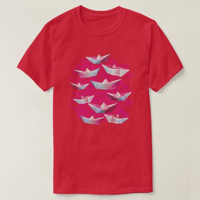 Camiseta Ondas rosas y botes de papel (Diseño del anverso)