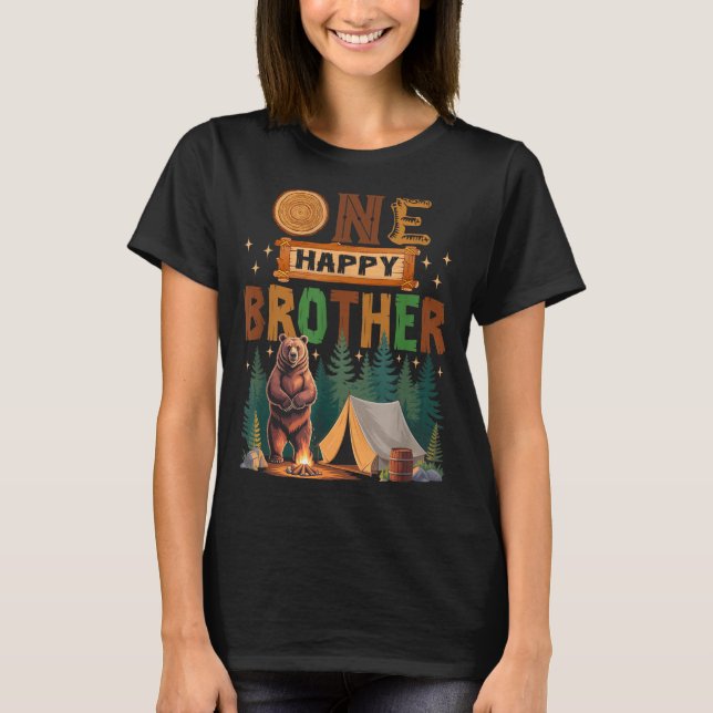 Camiseta One Happy Brother Camper 1st Birthday Camng Bear  (Anverso)