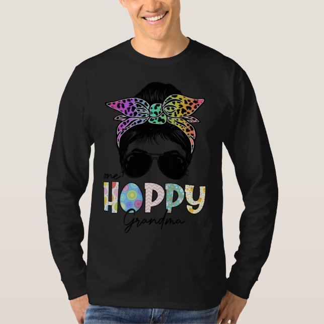 Camiseta One Hoppy Grandma Leopard Messy Bun Easter Day (Anverso)