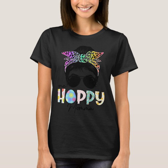 Camiseta One Hoppy Momma Leopard Messy Bun Easter Day (Anverso)
