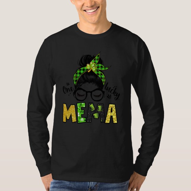 Camiseta One Lucky Mema Messy Bun Leopard St Patrick's Day (Anverso)