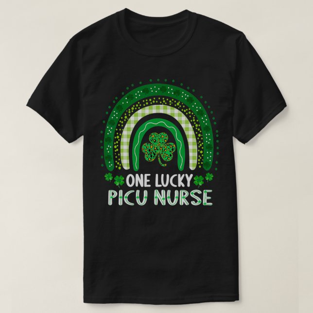 Camiseta One Lucky PICU Nurse Women Shamrock Rainbow St Pat (Diseño del anverso)