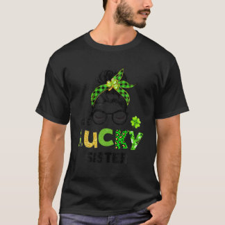 Camiseta One Lucky Sister Messy Bun Leopard St Patrick's Da