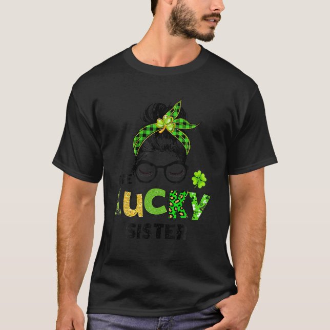 Camiseta One Lucky Sister Messy Bun Leopard St Patrick's Da (Anverso)