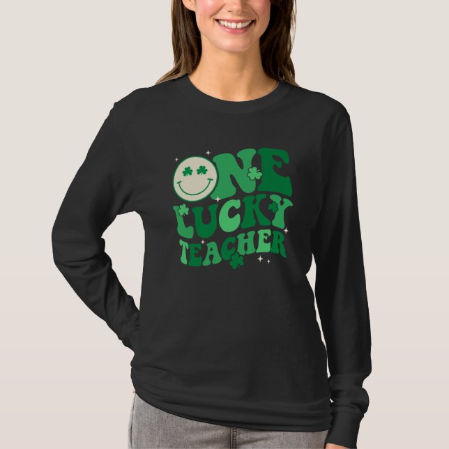 Camiseta One Lucky Teacher Shamrock Groovy St Patrick's Day (Anverso)