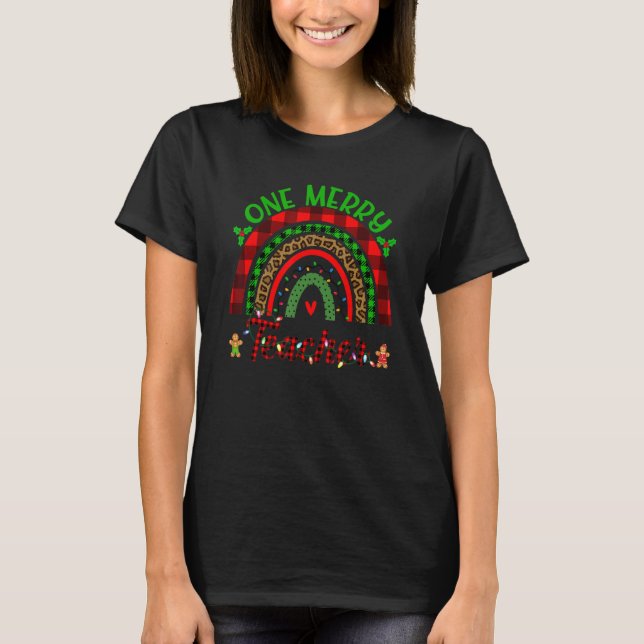 Camiseta One Merry Teacher  Teacher Leopard Rainbow Christm (Anverso)