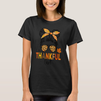 Camiseta One Thankful Girl Thanksgiving Kid Messy Bun Leopa