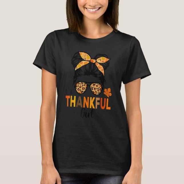 Camiseta One Thankful Girl Thanksgiving Kid Messy Bun Leopa (Anverso)