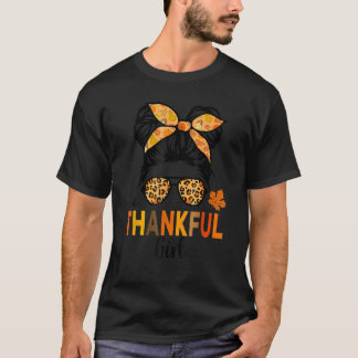 Camiseta One Thankful Girl Thanksgiving Kid Messy Bun Leopa