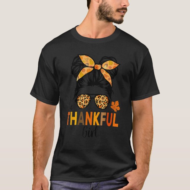 Camiseta One Thankful Girl Thanksgiving Kid Messy Bun Leopa (Anverso)
