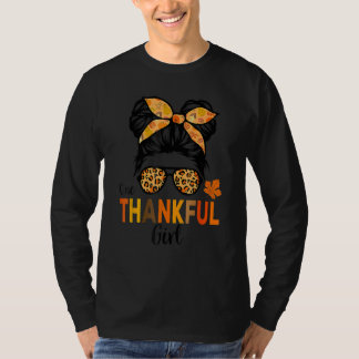 Camiseta One Thankful Girl Thanksgiving Kid Messy Bun Leopa