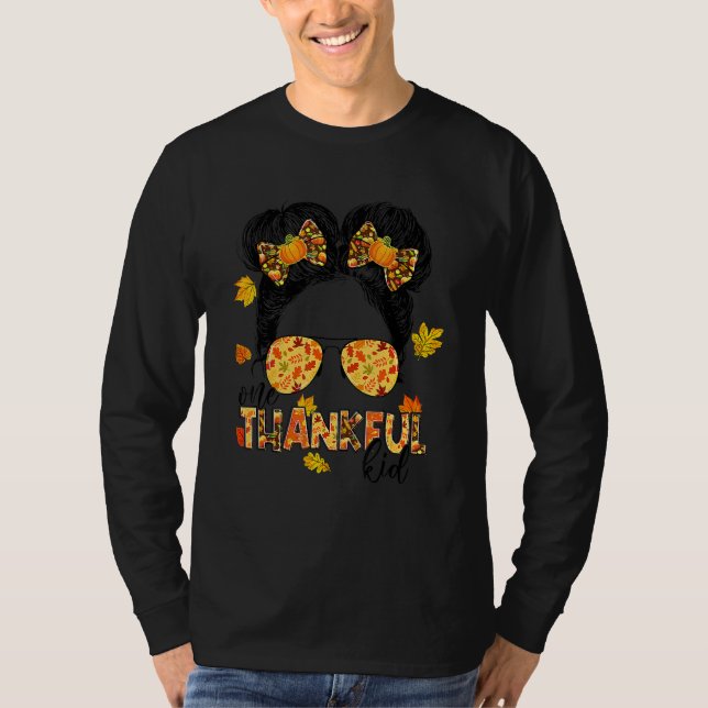 Camiseta One Thankful Kid Messy Bun  Fall Autumn Thanksgivi (Anverso)