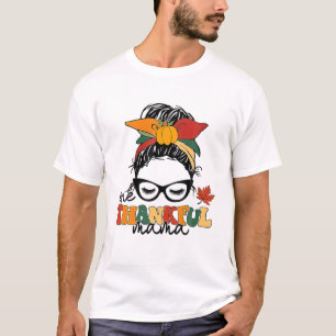 Camiseta One Thankful Mama Messy Bun Groovy Autumn Thanksgi