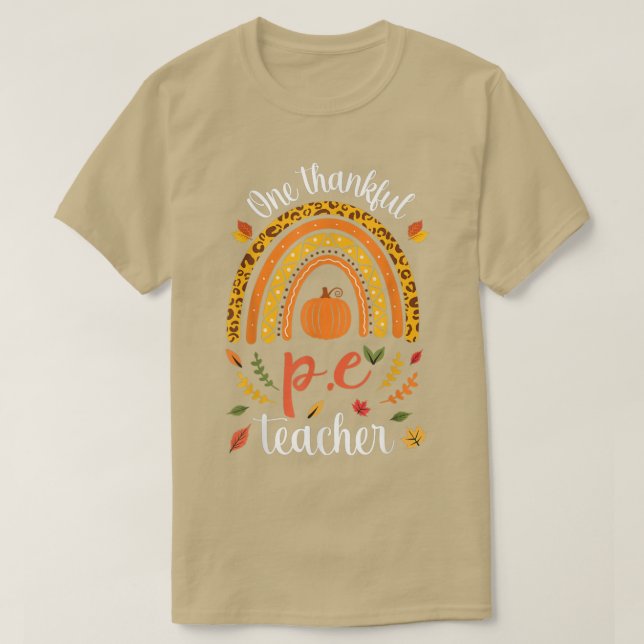 Camiseta One Thankful PE Teacher Leopard Rainbow Women Than (Diseño del anverso)