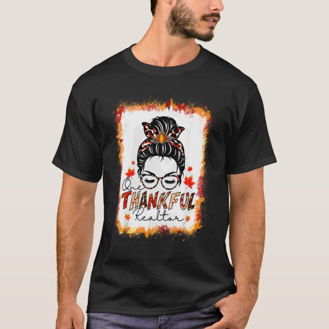 Camiseta One Thankful Realtor Messy Bun Women Fall Cute Tha (Anverso)