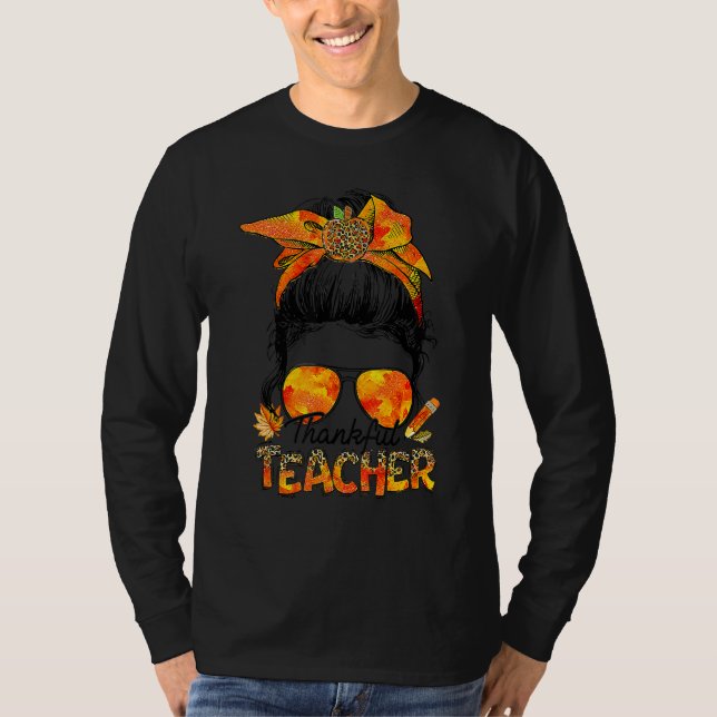 Camiseta One Thankful Teacher Leopard Messy Bun Thanksgivin (Anverso)