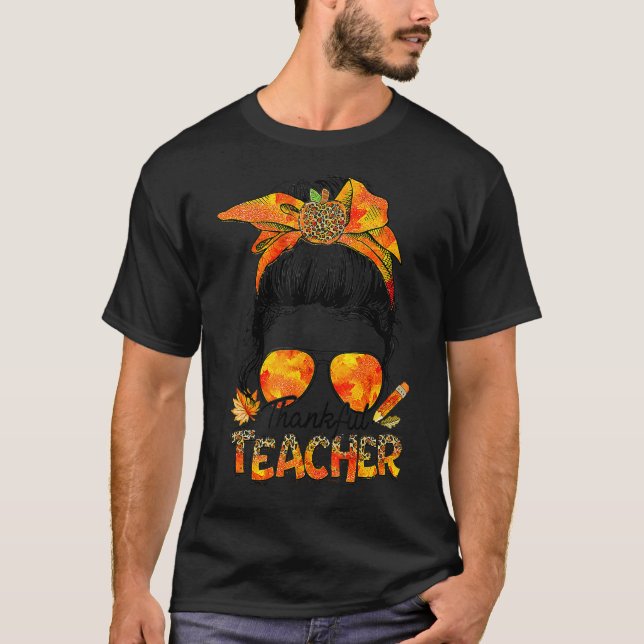 Camiseta One Thankful Teacher Leopard Messy Bun Thanksgivin (Anverso)