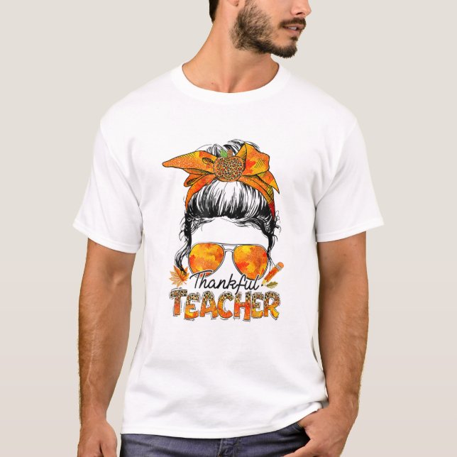 Camiseta One Thankful Teacher Leopard Messy Bun Thanksgivin (Anverso)