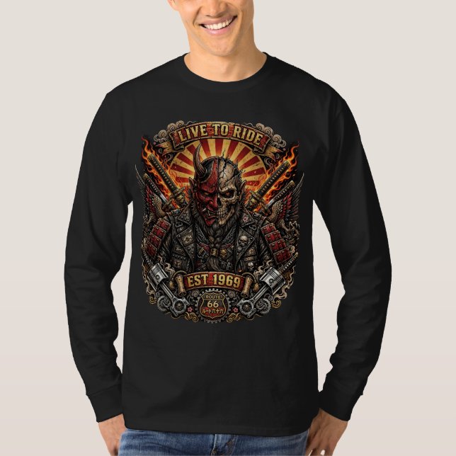 Camiseta Oni Biker Samurai , Vive para Montar Samurai Oni (Anverso)