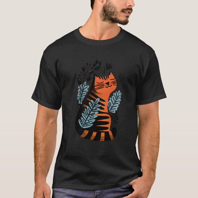 Camiseta Orange and Black Striped Cat with Floral Design (Anverso)