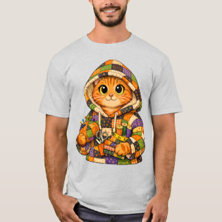 Camiseta Orange cat wearing upcycled quilt hoodie T-Shirt