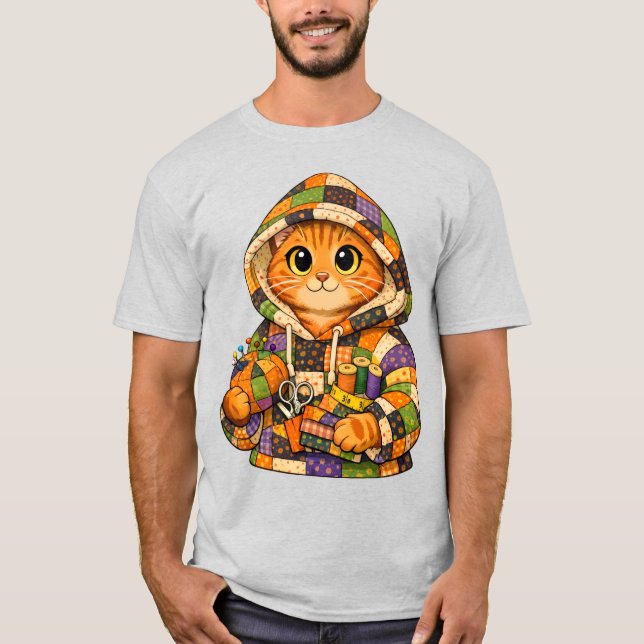 Camiseta Orange cat wearing upcycled quilt hoodie T-Shirt (Anverso)