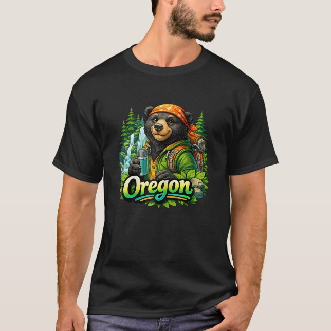 Camiseta Oregón Senderismo Oso Bosque Cascada (Anverso)