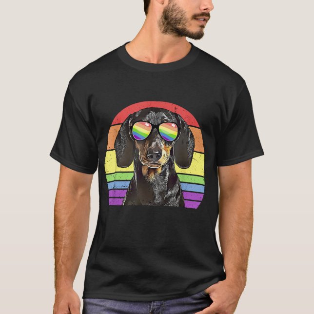 Camiseta Orgullo Amor Arcoíris Retro Perro Dachshund LGBTQ (Anverso)