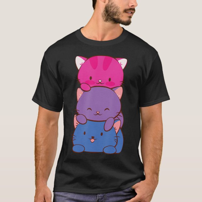 Camiseta Orgullo bisexual Kawaii Kitty Cat Stack Anime (Anverso)