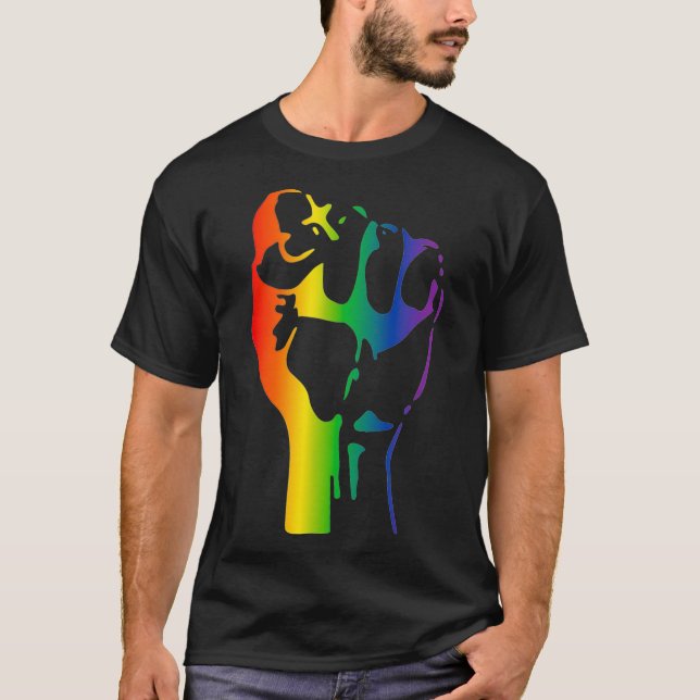 Camiseta Orgullo gay arcoiris levantado puño resistente org (Anverso)