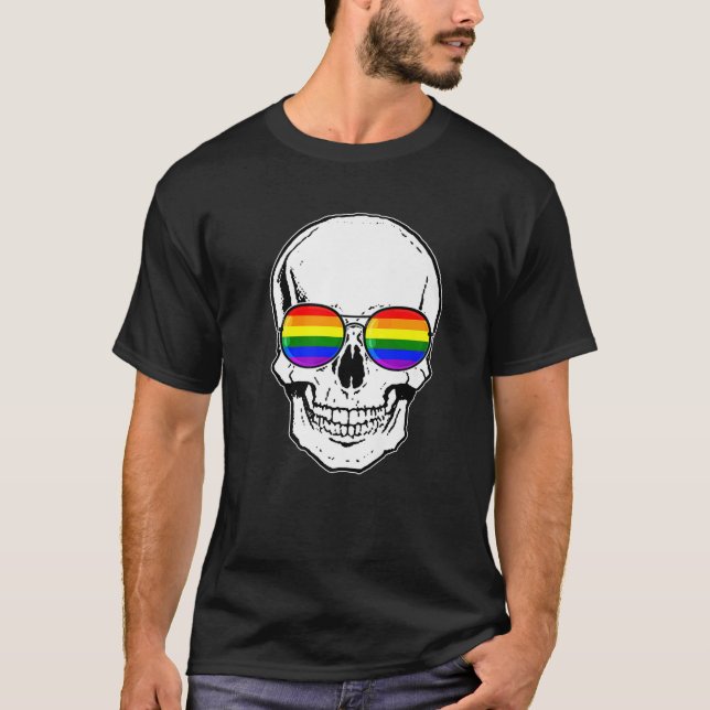 Camiseta Orgullo Gay Calavera LGBT con lentes de sol arcoir (Anverso)