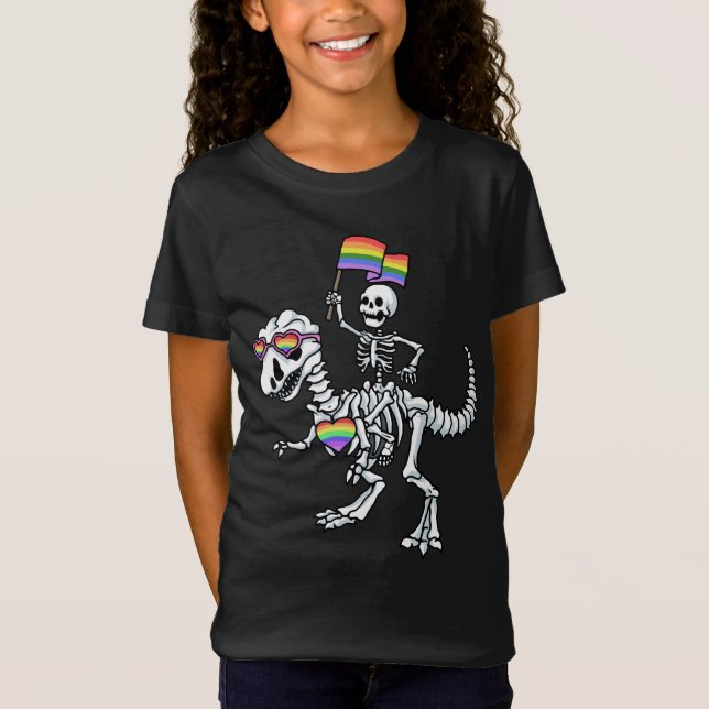 Camiseta Orgullo Gay de Halloween LGBT Rex Dinosaur Skeleto (Anverso)