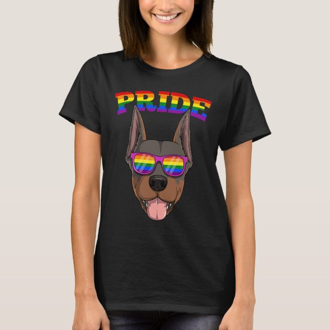 Camiseta Orgullo Gay Doberman Perro Dobie Con Sol Arcoiris  (Anverso)