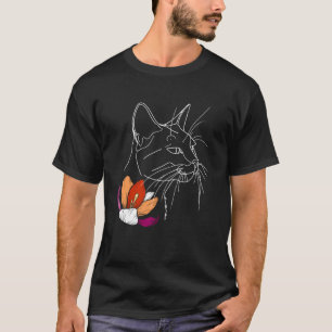 Camiseta Orgullo Lésbico Gato con Arte de Línea Floral LGBT