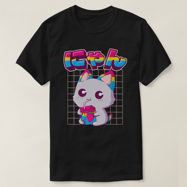 Camiseta Orgullo Pansexual Kawaii Gato Fresa Leche Pansexu (Diseño del anverso)