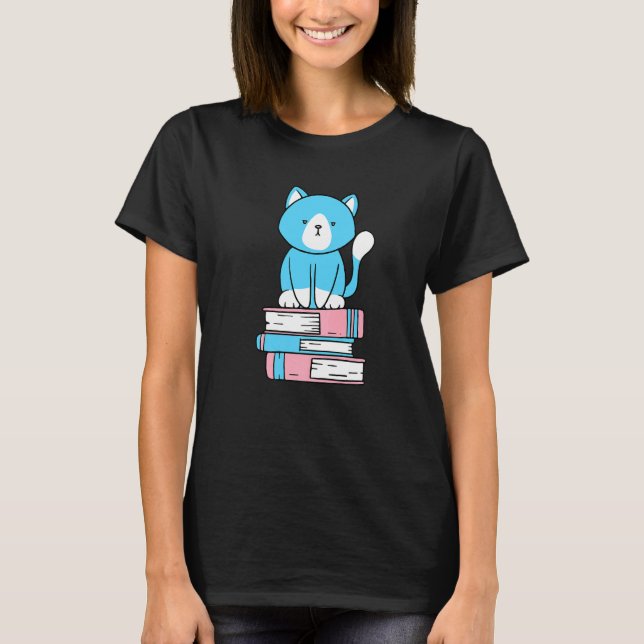 Camiseta Orgullo sutil transgénero Montón de libros de gato (Anverso)